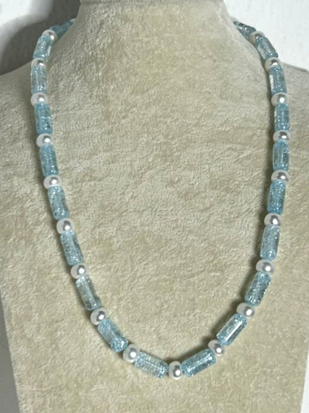 Blue Crackle Quartz Crystal and Freshwater Pearls Necklace.